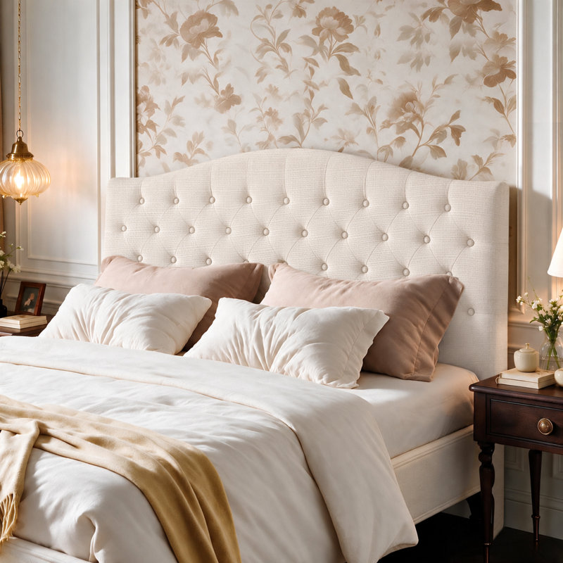 Button-Tufted Upholstered Headboard with Wall-Mount Option, Full / Queen, Ivory Linen
