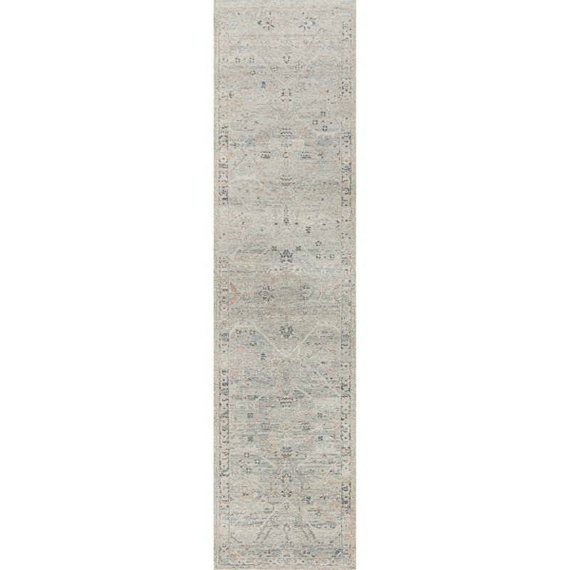 Tapis bleu et ivoire de haute qualité noué à la main, Tapis de couloir 2 pi 6 po x 10 pi