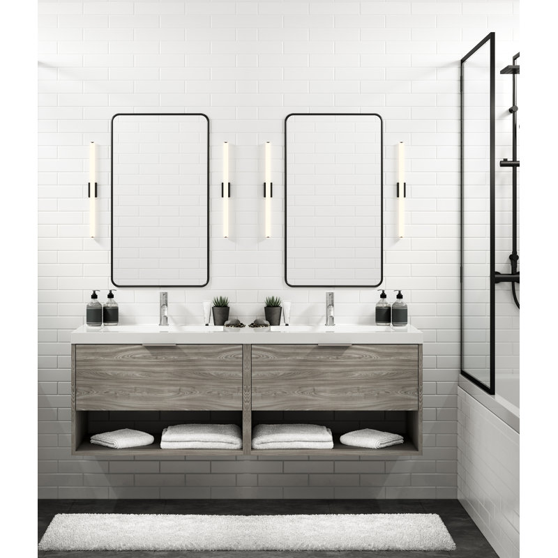 Modo 72" W Wall Mounted Double Bathroom Vanity, Matte White/Single, Biondo, Polished Nickel