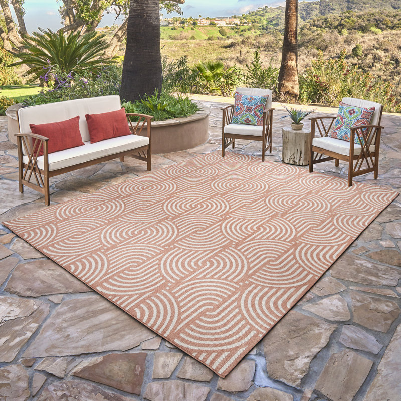 Savara Chryssi Coral Orange Ivory Cream Modern Circles Indoor/ Outdoor Polypropylene Flatweave Area Rug