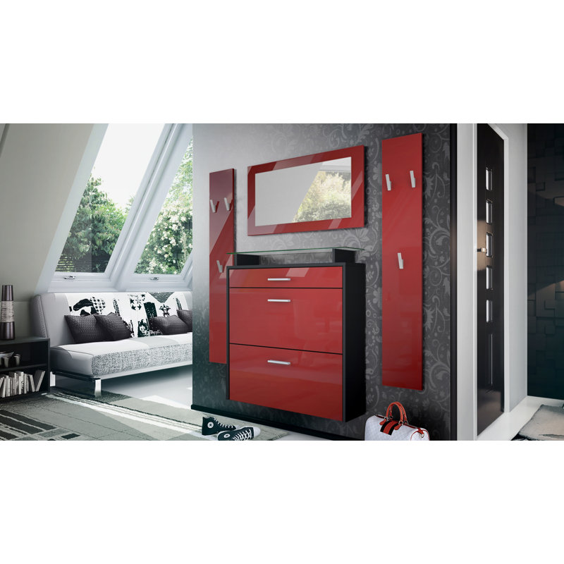 Mccarroll Hall Tree with Shoe Storage, Glossy burgundy/Matt black
