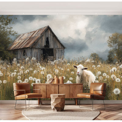 Wall Mural Peel and Stick Farm Goat Nostalgic Dandelions Rustic Barn Large Wallpaper Self-Adhesive Removable Contact Paper Wall Decor for Living Room Bedroom Nursery 69"H x 96"W