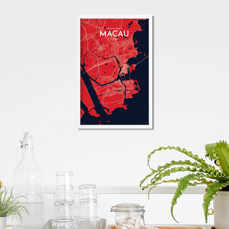 Macau, carte de la ville, impression, H 17 po x l 11 po, Rouge / bleu marine