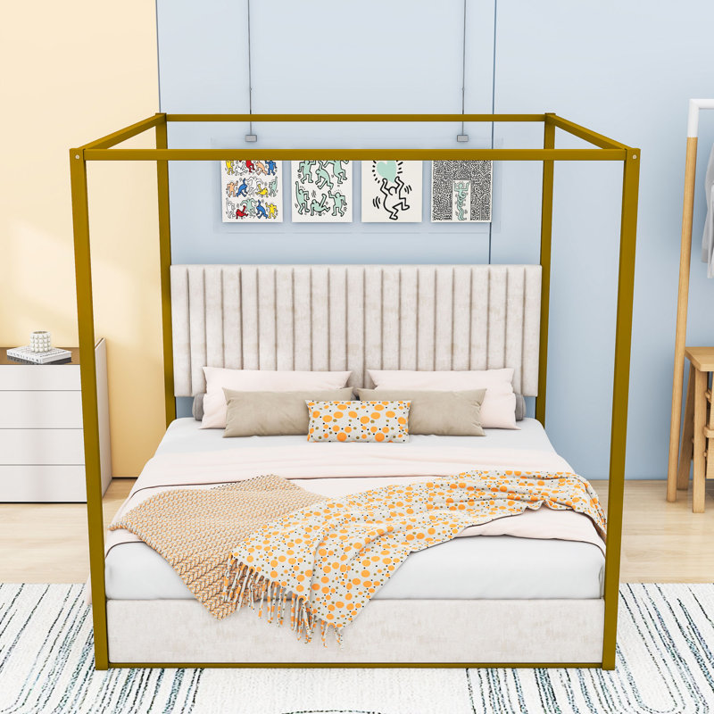 Upholstery Canopy Platform Bed with Headboard, Gold/White, King
