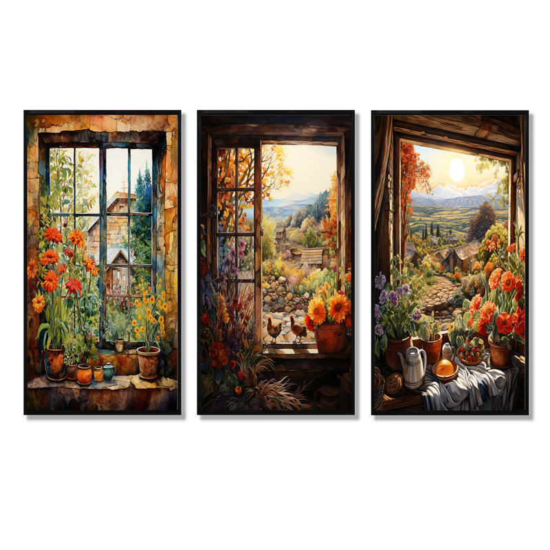 «Brown Farmhouse Window Blooms In Summer I», ensemble de 3 reproductions d'art mural, Cadre flottant noir, H 28 po x l 36 po