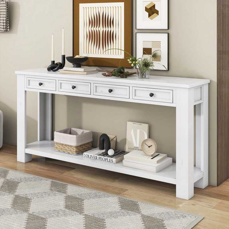 Console en bois avec tiroirs, tablette inférieure, Blanc antique