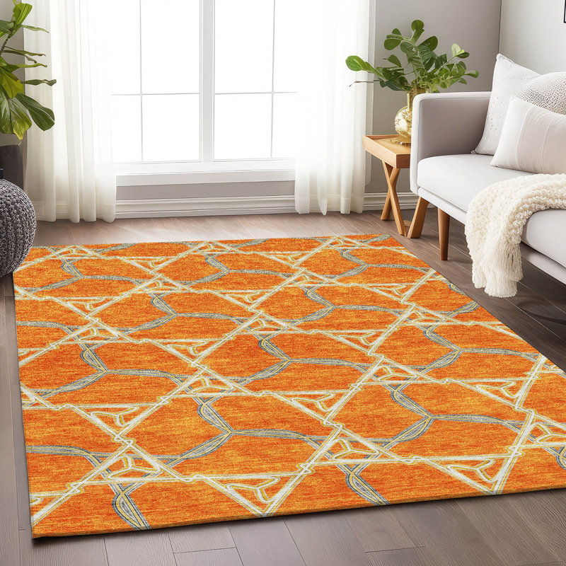 Tapis orange Prisco lavable à la machine de qualité supérieure, Rectangulaire 8 pi x 10 pi
