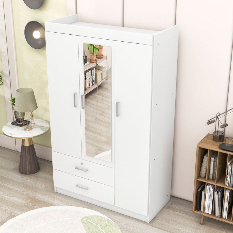 Armoire avec 3 portes, tiroirs de rangement et tablettes, Blanc