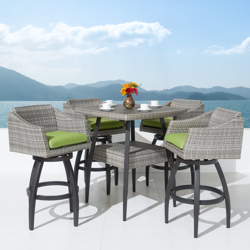 Fionnula Square 4 - Person 38" Long Bar Height Dining Set With Sunbrella Cushion Covers, Canvas Ginkgo Sunbrella® Canvas