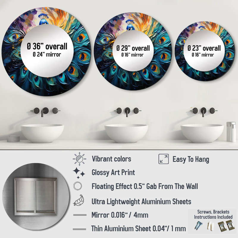 Peacock Feather Drips II - Peacock Large Mirror, Modern Round Decorative Wall Mirror, Printed Metal Art, 29" x 29"