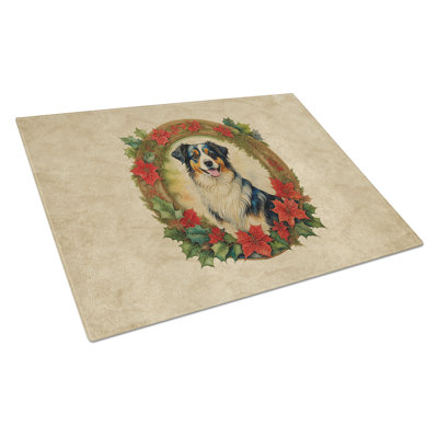 Australian Shepherd Christmas Flowers Glass Cutting Board