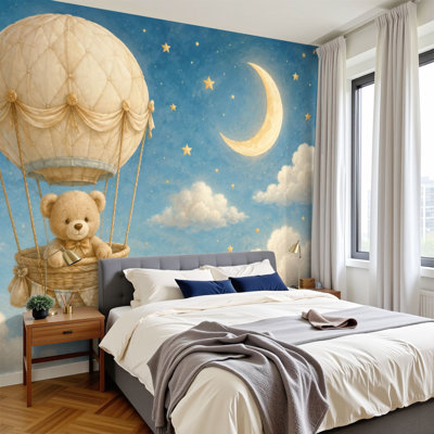 Papier peint pelez et collez Mignon ours en peluche montgolfière Pastel nuages étoiles lune chambre de bébé murale 100 po H x 144 po amovible papier mural en PVC auto-adhésif pour le salon de la chambre bureau à domicile