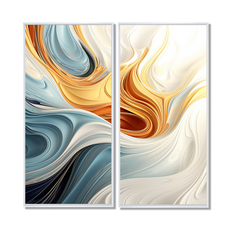 Vague rétro bleue et orange élégance II - art mural moderne, 40" H x 40" W, Impression encadrée flottante, White
