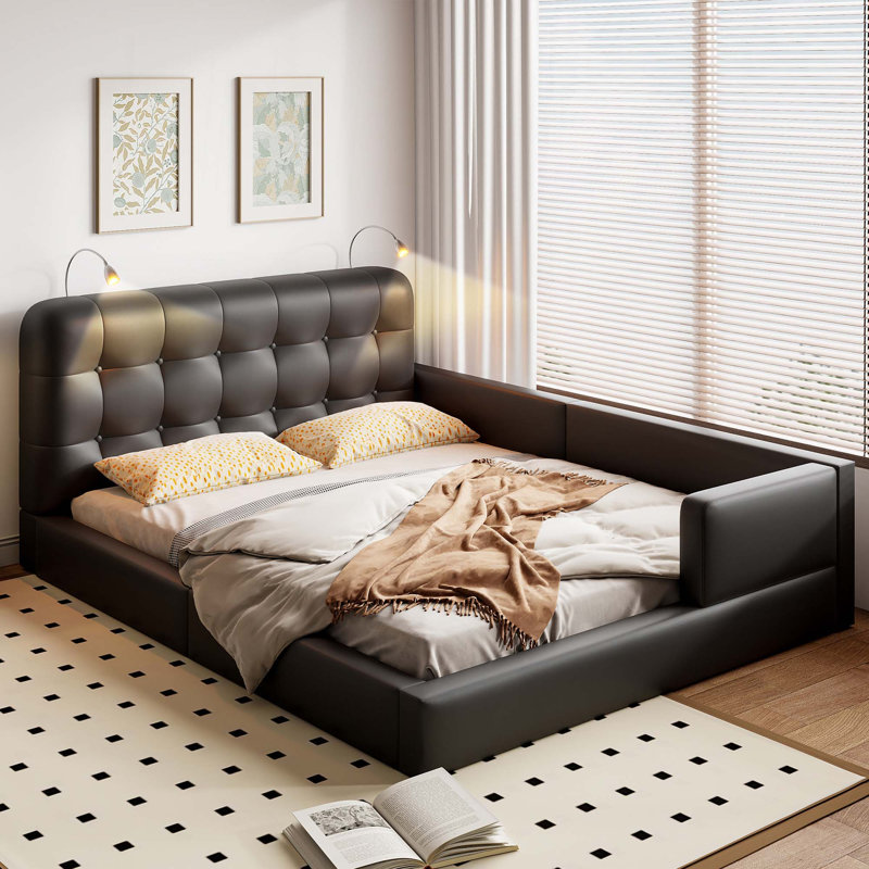 Grand lit plateforme tapissier avec 2 lampes de lecture, Noir