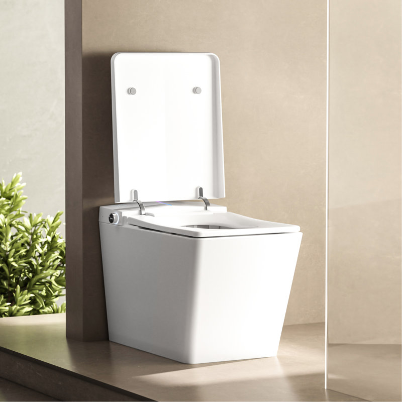 Bathroom Square Smart Toilet With Placed Tank - Remote Managed, Auto Flushing, Heated Seat, Led Screen, User Adjustable Settings, White Built-In For Command, Flush Mechanism, Seat Feature, Panel,