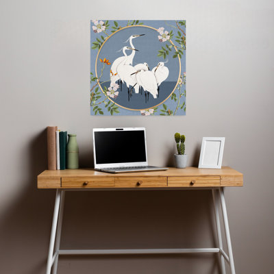White Egrets Floral Circle by Marja Van Den - Print