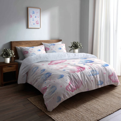 Dreamy Sky Bedding Set Of 3 For Kids - Clouds Cotton Candy Sky Duvet Cover And Throw Cushion Set