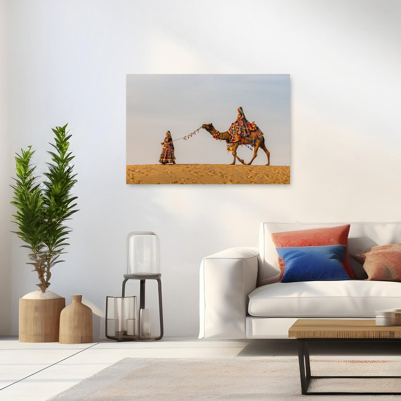 «Traditional Desert Camel Ride Colorful Peaceful Serene Landscape Nature», reproduction d'art murale, H 32 po x l 48 po