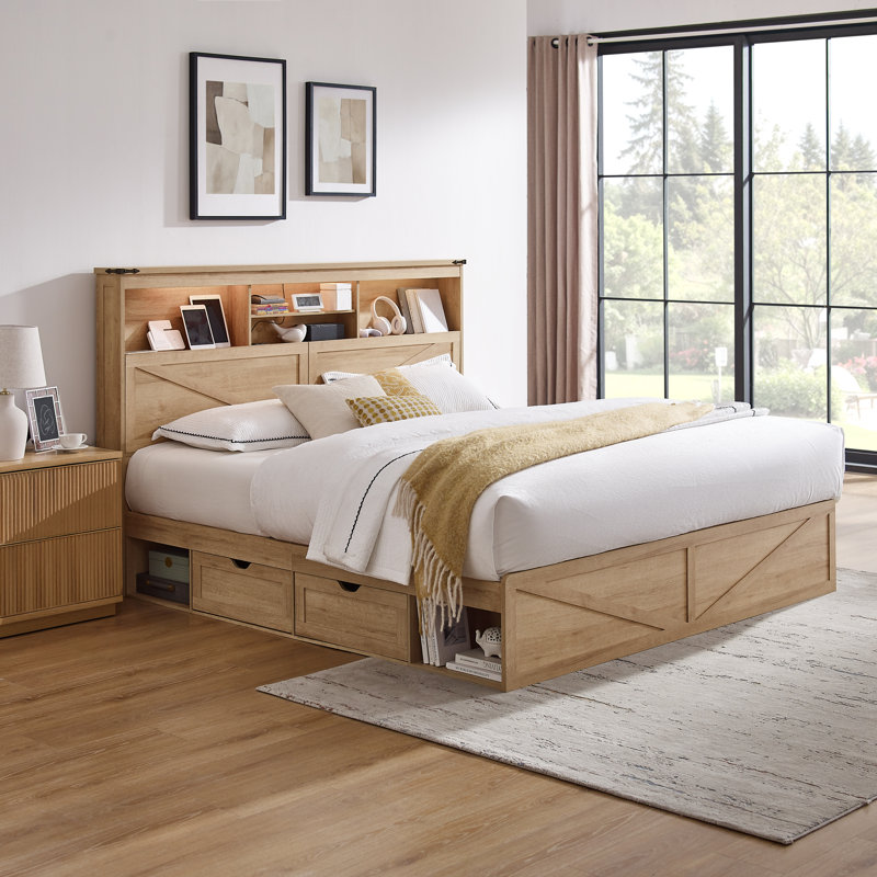 Farmhouse King Size Bed Frame With Charging Station And LED Light, Wooden Storage Bed With 52" Tall Storage Bookcase Headboard & 4 Drawers