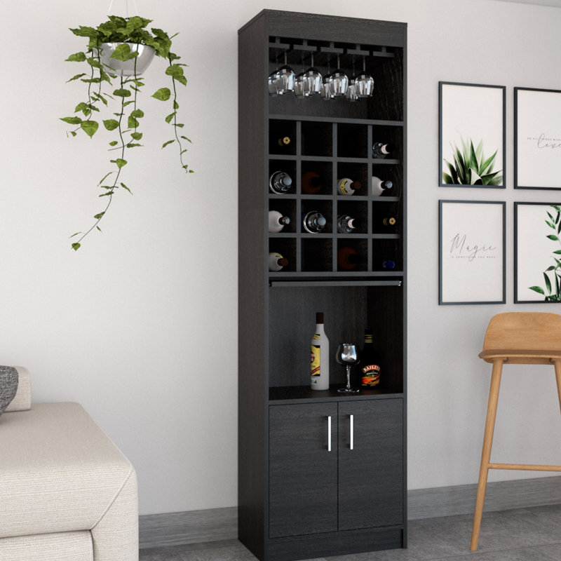 Kava 71" Tall Bar Cabinet with 16 Cubbies, Shelf, Concealable Tray and Double Door, Black