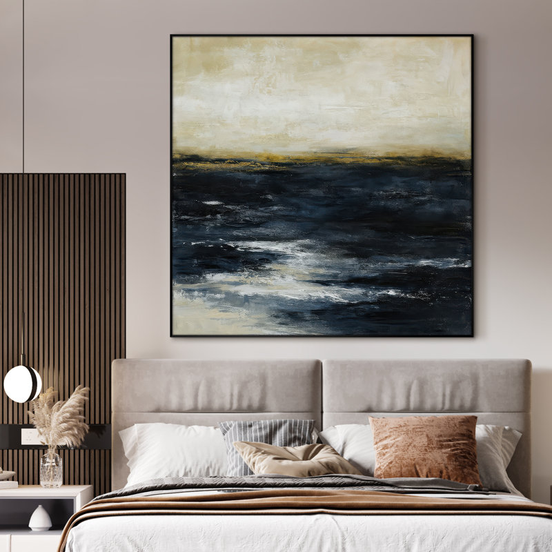 Très grand art marin abstrait abstrait - Décoration murale contemporaine texturée bleu foncé, crème et or pour le salon ou la chambre à coucher, Très grand art abstrait marin abstrait - Décoration murale contemporaine texturé bleu foncé, crème et or pour le salon ou la chambre à coucher