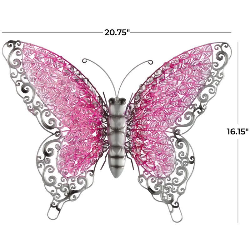 Décoration murale papillon en métal avec détails à volutes argentées, H 16,15 po x l 20,75 po x P 2,65 po, Rose