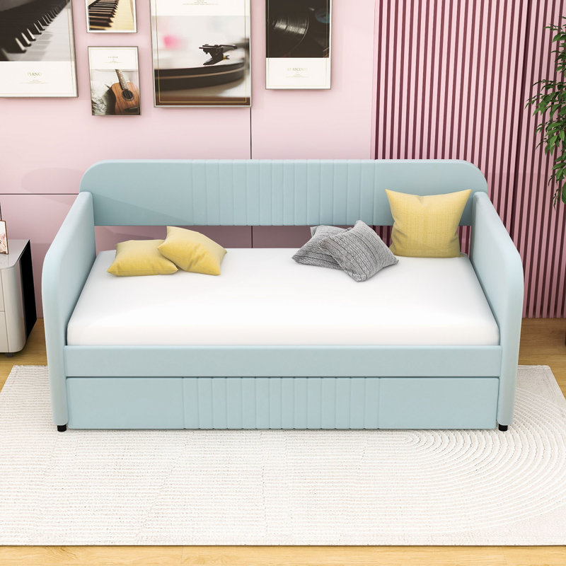 Gabbey Upholstered Daybed with Trundle and Slats, Light Blue
