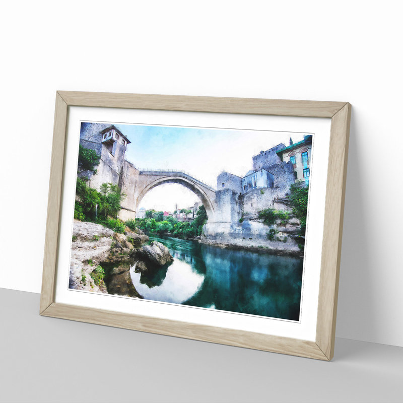 Stari Most Old Bridge - Picture Frame Graphic Art Print, 62cm H x 87cm W x 2cm D, Oak Framed