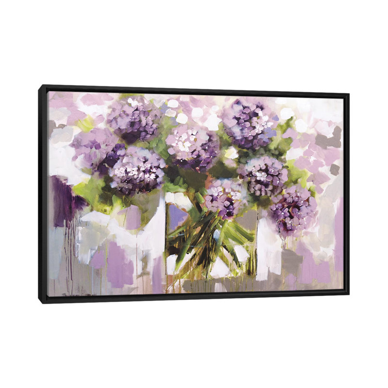 « rosé hortensia », impression sur toile, H 18 po x l 26 po x P 1,5 po, Toile avec cadre noir, Pas de tapis