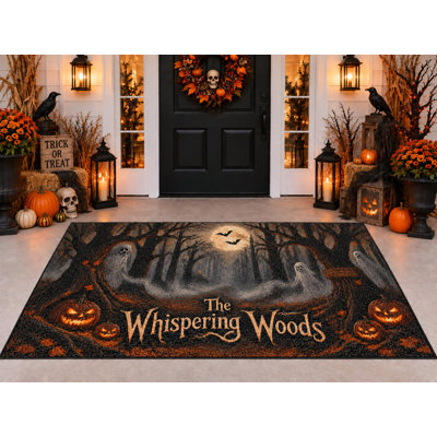 Tapis d'extérieur Halloween 152 x 213 cm, motif Whispering Woods, imperméable, en PVC bouclé, à séchage rapide et résistant, idéal pour porche, terrasse, balcon ou entrée.