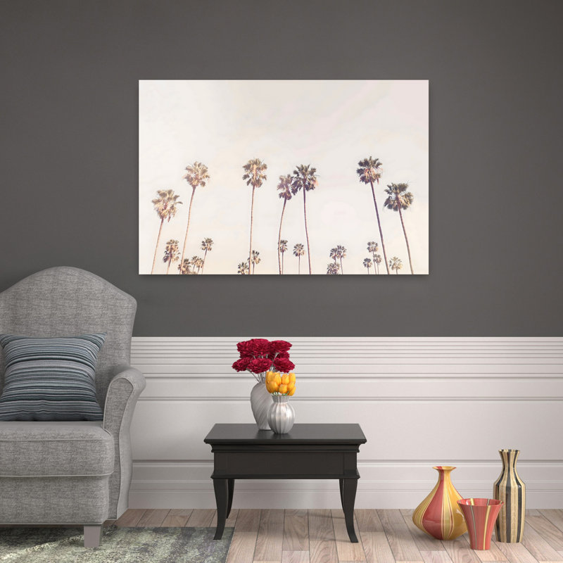 «Sunny Cali Palm Tress», art mural contemporain abstrait, H 32 po x l 48 po
