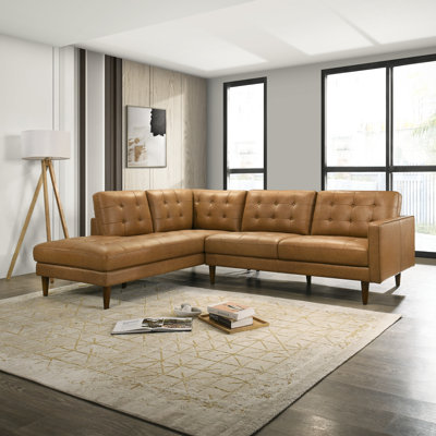 Peart L-Shaped Top-Grain Leather Sectional Sofa & Chaise with Tufted Design
