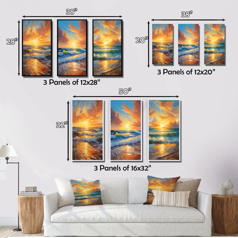 «Beach Photo Sunlit Horizons», 3 pièces, Cadre flottant noir, H 32 po x l 48 po