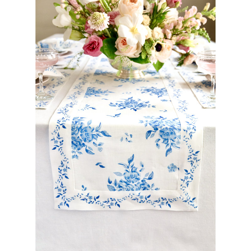 Chemin de table Jolie Fleur - 100% lin pur, Bleu, 120 po x 14 po