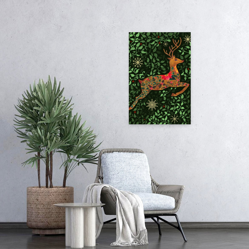 Enchanted Christmas Deer Elegant Abstract Contemporary Deer Poinsettia Forest Nature Wall Art Print by Suchi Deb - Wrapped Canvas Print