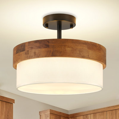 Plafonnier semi-encastré rustique de style ferme à une lumière, en forme de tambour, idéal pour un corridor, une entrée, un porche ou une cuisine.