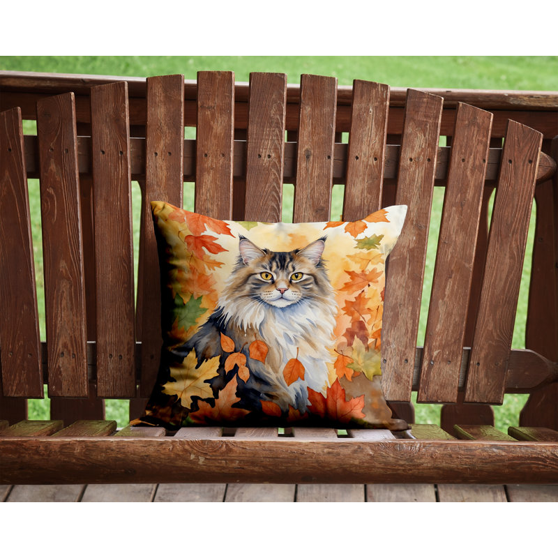 Norwegian Forest Cat in Fall Leaves Throw Pillow, Square 14"