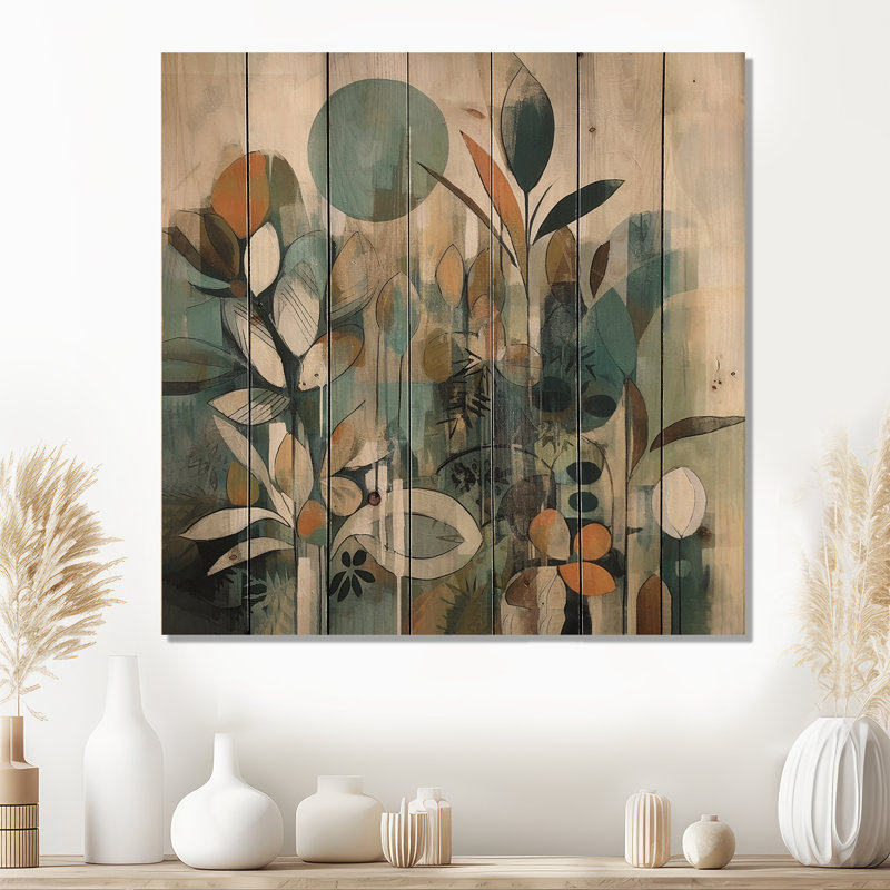 Bohème abstrait orange et vert III sur bois, H 35 po x l 35 po x P 0,78 po
