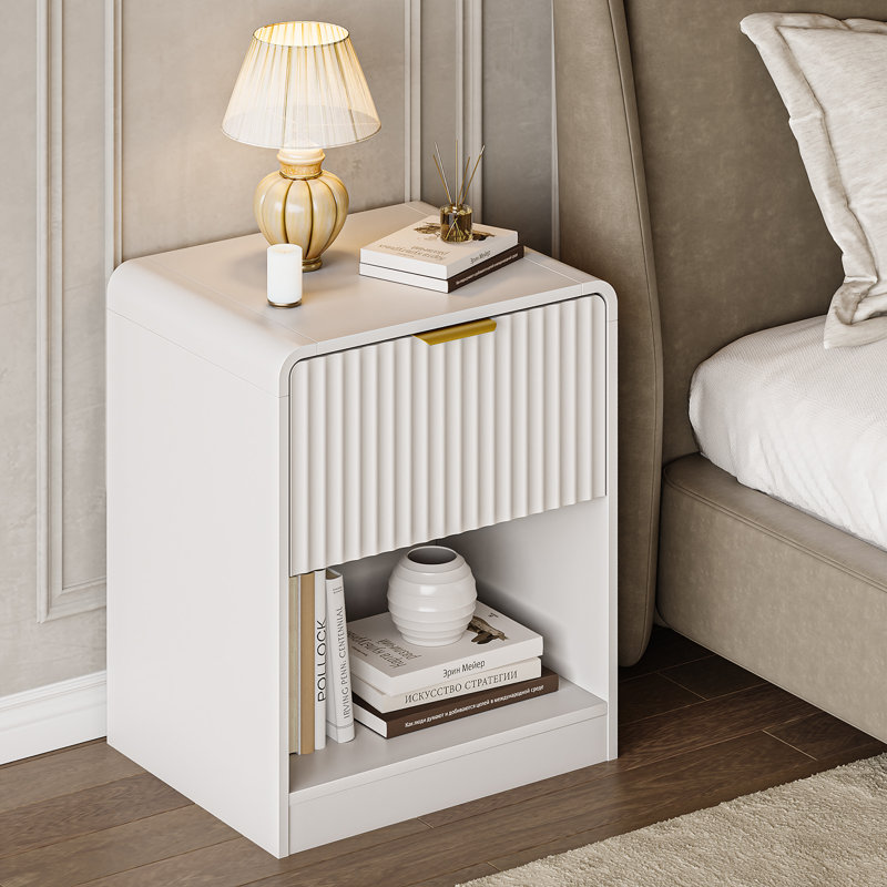 23.6” Tall Modern End Table With Large Drawer And Shelf, Nightstand Set With Gold Handle, White