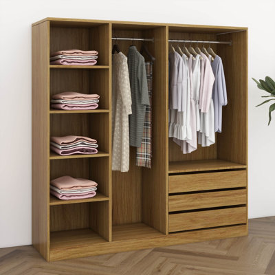 Armoire ouverte sur pied avec 3 tiroirs, armoire en bois sans porte avec tablettes et tringles