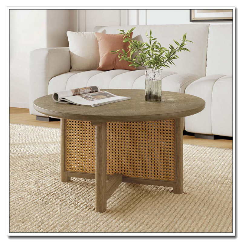 Table basse 32 po en rotin, table basse ronde en bois tissé de rotin