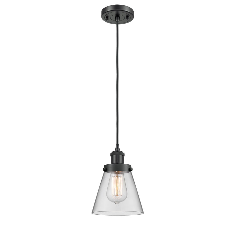 Luminaire suspendu conique à 1 lumière Wilmoth, Noir mat, Ampoule non incluse, Transparent