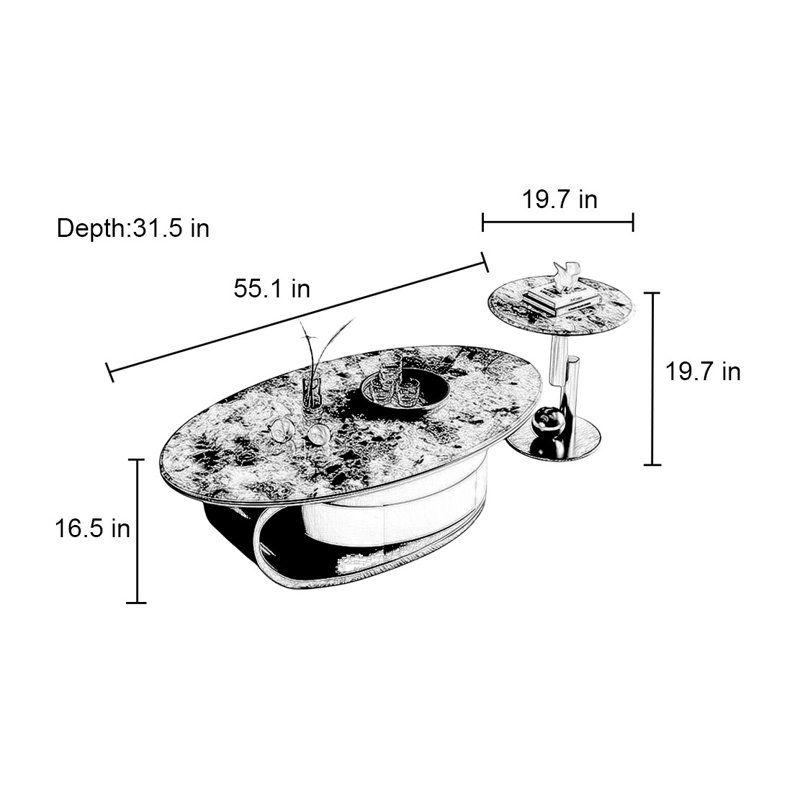 Table basse ovale en pierre supercristalline, Noir, noir, noir, noir, H 16,5 po x L 55,1 po x l 31,5 po