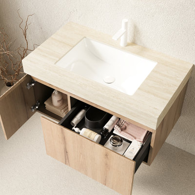 Meuble-lavabo en pierre 36 po, armoire de rangement en contreplaqué flottant, cuve en céramique, pré-assemblé, plateau fritté à ouverture lisse, trou de robinet percé, système de fermeture en douceur, facile à installer