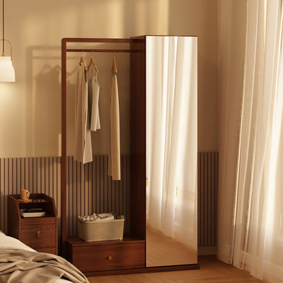 66.93"H Walnut Finish All-in-One Entryway Cabinet with Full Length Mirror, Coat Rack & Storage Drawer Shoe Organizer