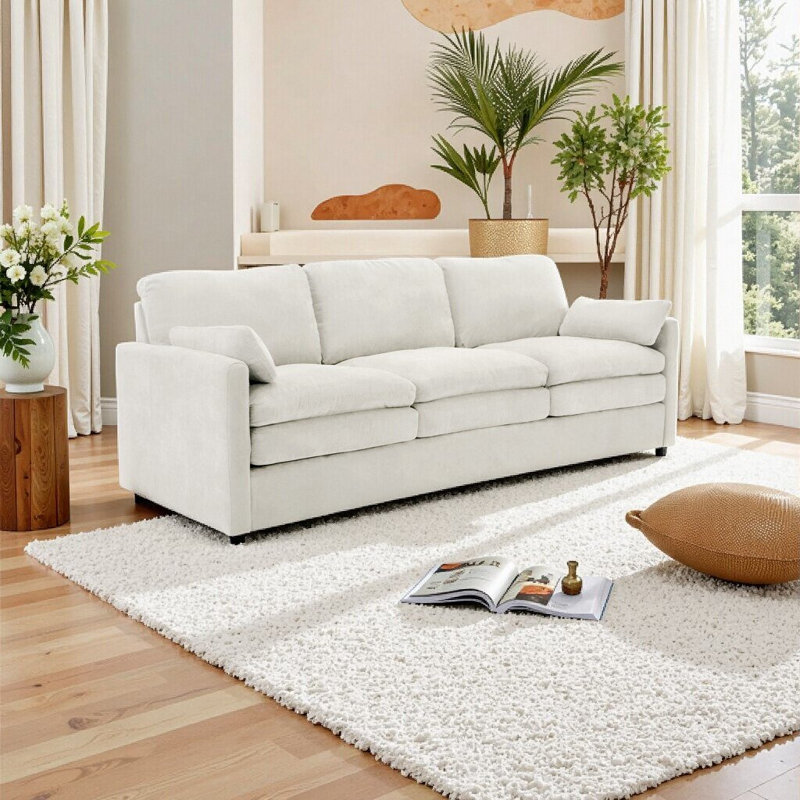 89" Cozy Upholstered 3-Seater Sofa - Oversized Cloud Sofa with Double Cushions, Plush Chenille Fabric, Rolled Arms, Beige