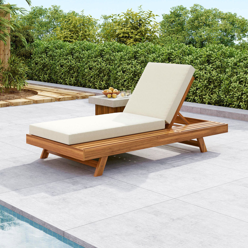 Lounge Chaise Set, Space Available On One Side, Acacia Wood With Water-Resistant Lounge Cushions (4 Inch Thick), Cream