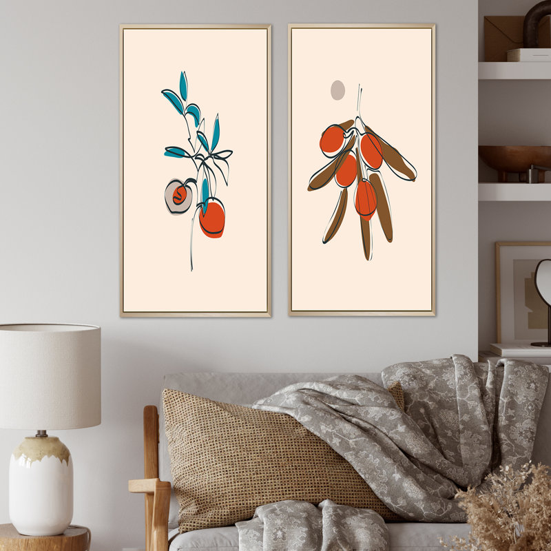 «Minimalist Pastel Leaves IV», ensemble de 2 peintures, H 40 po x l 40 po x P 1,5 po, Toile avec cadre brun