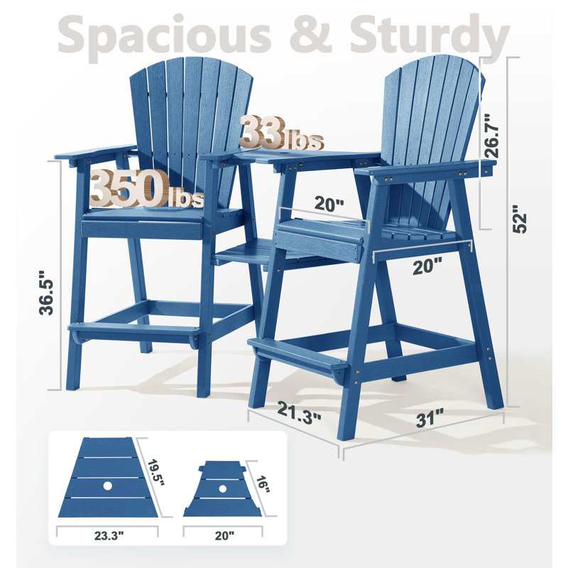 HDPE Tall Adirondack Chair Set with Removable Double Trays (Set of 2), Blue