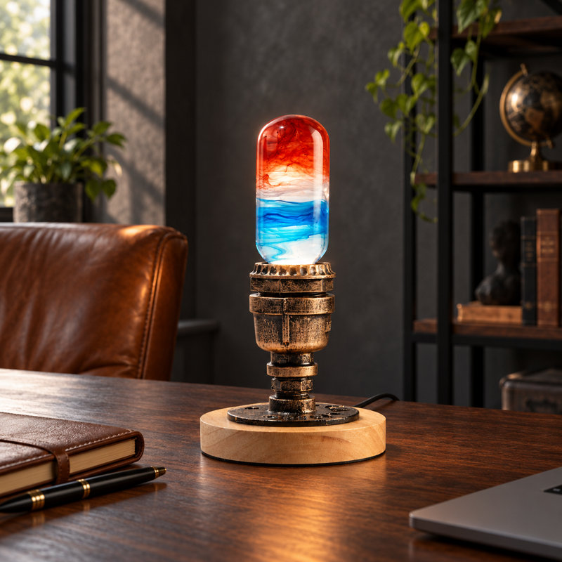 Lampe de table en résine peinte à la main avec base en bois massif et fer